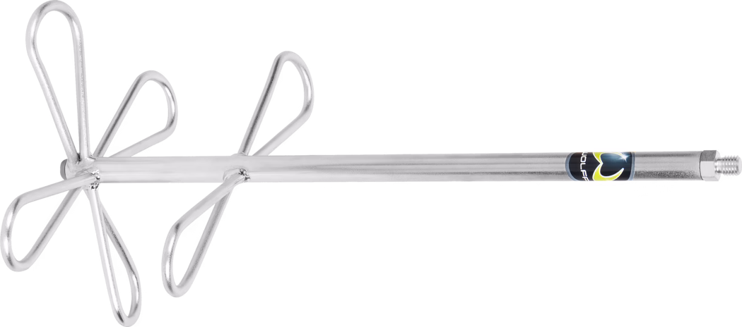 Close-up of a metal mixing paddle attachment for a drill on a white background. The tool has a long cylindrical steel shaft with a threaded end and hex nut for mounting. Opposite the threaded end are two sets of three teardrop-shaped looped wire blades welded symmetrically around the shaft to form a six-blade mixing head. The paddle is zinc-plated or chrome-finished, shows visible welds and a small manufacturer label near the threads. Intended for mixing paint, plaster, cement, mortar, adhesives and other viscous materials with a handheld drill, it promotes strong circulation and reduces air entrainment.