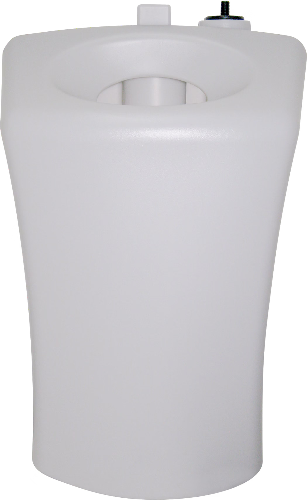 WOLFF_Dummy_59831_Cleaning tank_2025-08 A tall, smooth white plastic housing photographed from the front. The object features a rounded top with a recessed circular opening near the upper center, showing a short cylindrical inner section. A small protruding tab and a metal threaded bolt are visible along the top edge. The matte, uninterrupted surface suggests a molded plastic component such as a dispenser housing or tank cover. The background is uniformly white.