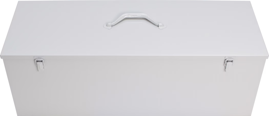White metal storage box with a hinged lid, central handle on top and two front latches, photographed from above on a white background.
