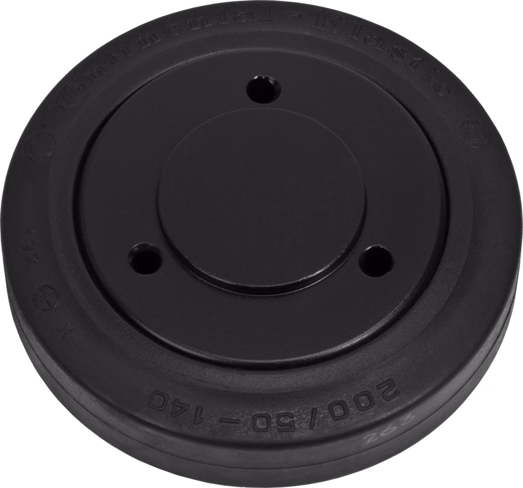 A black plastic disc with a smooth surface and a raised center. It features three equidistant holes positioned around the disc's perimeter, indicating it may be used for fastening or mounting purposes. The outer edge has a textured grip, likely designed to enhance handling. The underside of the disc appears flat, maintaining a minimalist design, while the words 'continental - plastie' are molded into the top surface, suggesting a brand or manufacturer association.