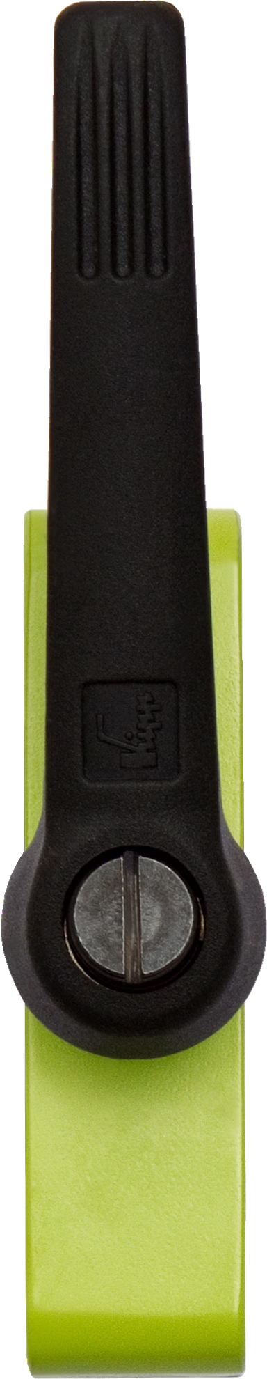 A close-up image of a yellow-green clip with a black lever on top. The clip features a textured grip along the lever for better handling. The base of the clip is smooth and glossy, while the lever has a more matte finish. A small circular screw is visible on the top of the lever, which appears to secure the mechanism inside. The background is plain and allows the clip to stand out clearly.