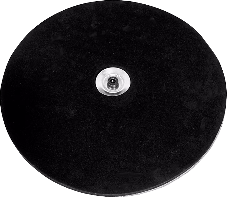 WOLFF_Dummy_13299_13327_Disc holder sponge padding_2025-08 A circular black rubber pad with a slightly textured surface and a metal threaded connector in the center surrounded by a silver washer; photographed from above on a white background.