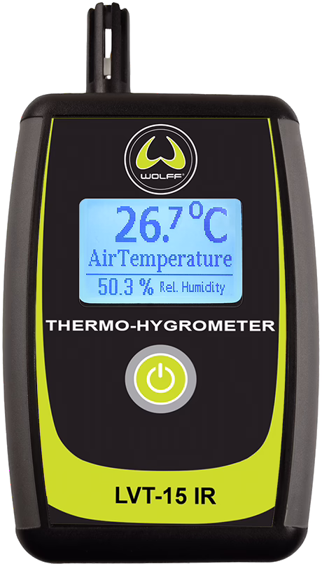 Handheld thermo-hygrometer model LVT-15 IR by Wolff: black and yellow plastic housing, backlit LCD showing 26.7°C air temperature and 50.3% relative humidity, sensor probe at the top and a single power button below the display; compact portable instrument for measuring air temperature and relative humidity.